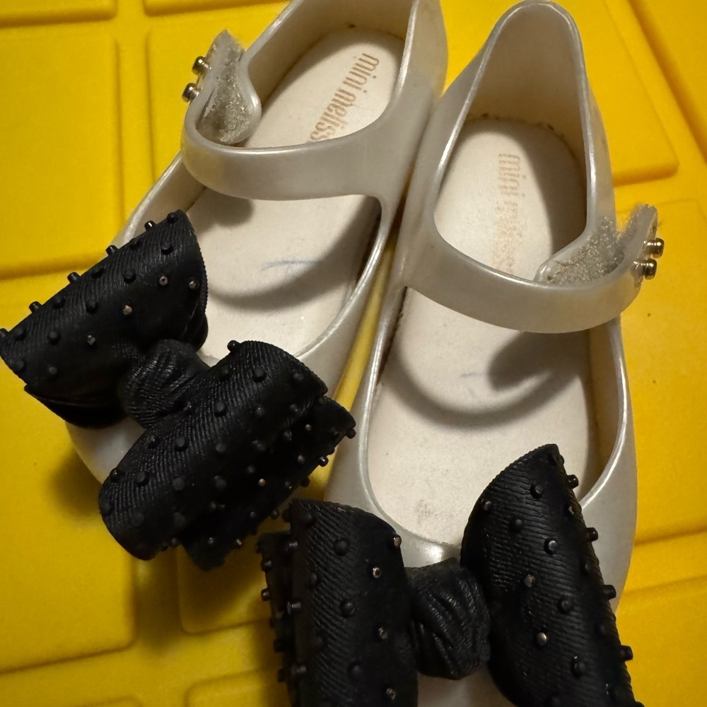 Mini Melissa Ivory Jelly Mary Janes with Black Bow